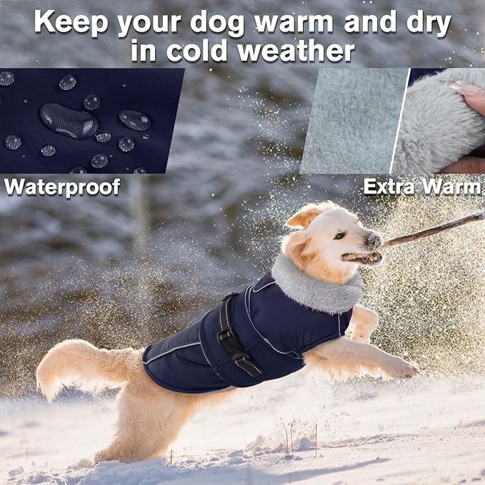 Lelepet Warm Dog Coat Reflective Fleece Vest Waterproof Dog Jacket with Adjustable Buckle Hook & Loop Windproof Cold Weather Coats for Small Medium Large Dogs, Navy Blue, L