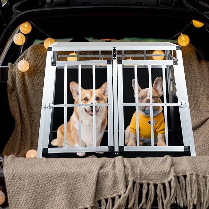 Double Door Travel Dog Cage, Lockable Aluminium Pet Car Transport Crate with Removable Partition, Sturdy Construction for Small Cats and Dogs, Portable Puppy Carrier for Car Use