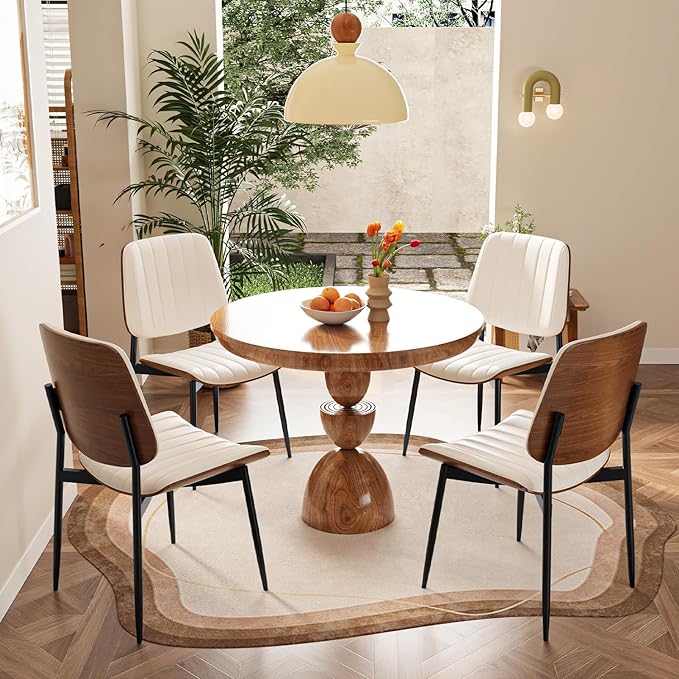 Modern Green Leather Dining Chair Set of 4, Bentwood Backrest & Black Metal Frame Ergonomic Comfort, Sustainable Style, Multi-Space Versatile, Beige