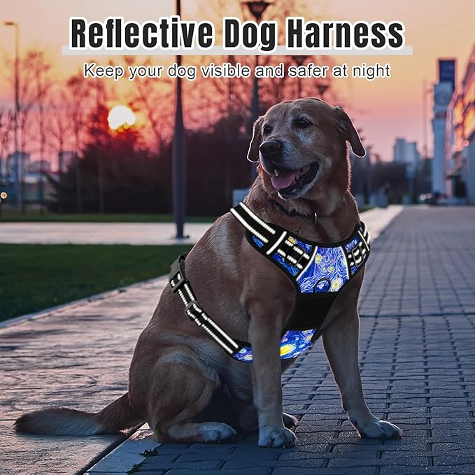Rnivvi No Pull Dog Harness, Cute Reflective Large Sized Puppy Harness, Adjustable Soft Padded Vest for Large Dogs, Heavy Duty Pet Vest with Easy Control Handle for Walking Training, Starry Night