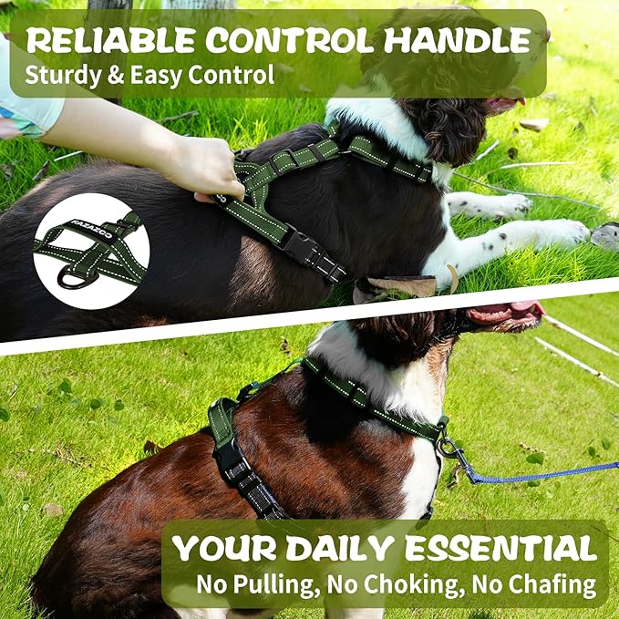 No-Pull Harness,Y-Shaped Design,Buckle-Neck Balance Harness with Reflective Stitching, Ideal for Dog Training and Night Walking, Padded Handle, Durable High-Tensile Nylon-Green-L