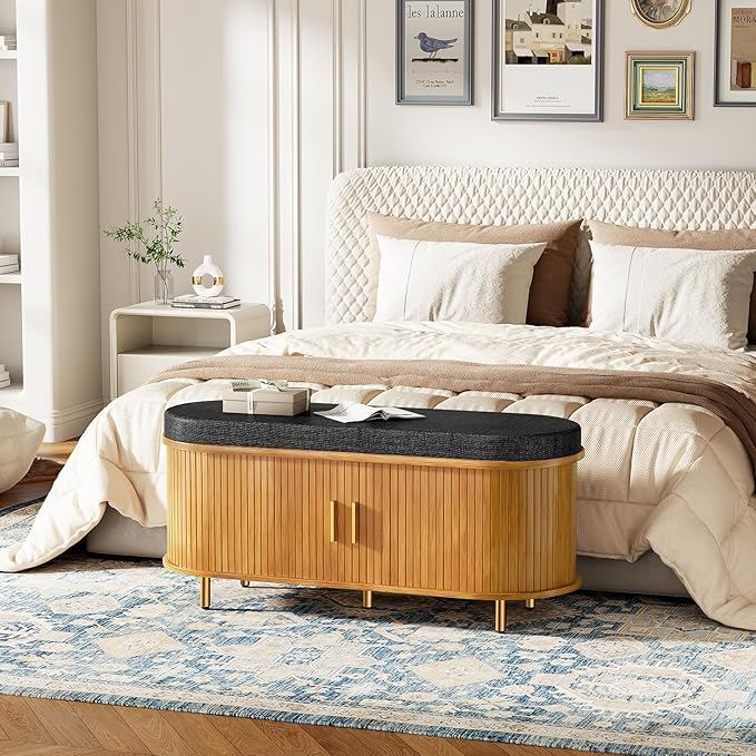 DHH Entryway Bench with Shoe Storage Fluted Shoe Storage Sliding Door and Adjustable Shelf with Cushion,2-Tier Shoe Rack Cabinet for Entryway, Bedroom, Living Room, (Yellow Walnut)