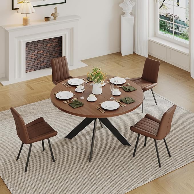 Walnut Round Dining Table Set for 4, Mid-Century Modern Kitchen Table and Chairs, Small Space Dining Room Furniture for Apartment, Breakfast Nook or Studio (Boxwood-1 Table + 4 Brown Chairs)