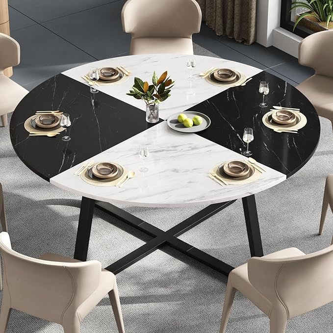 LVB Round Marble Dining Table, Modern Wood Metal Kitchen Dining Table, Industrial Small Dinner Room Table for 4 to 6 People for Living Room, Home, Apartment,Black and White Marble, 42 Inch