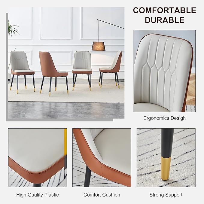 Modern Dining Table Set for 4, Marble Kitchen Table Chair Set for 4, Rectangular Kitchen Table with 4 Pu Leather Upholstered Chair for Dining Room (Brown-C, White Table Set for 4)