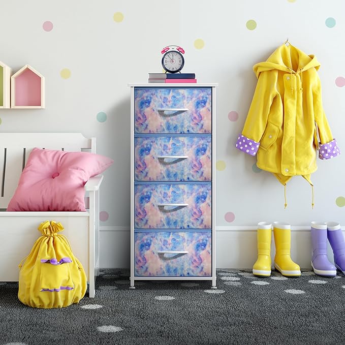 Sorbus Dresser Storage Tower, Organizer Drawers for Closet Boys & Girls Bedroom, Bedside Furniture, Chest for Home, College Dorm, Steel Frame, Wood Top, Tie-dye Fabric Bins (4-Drawer, Pastel Tie-dye)