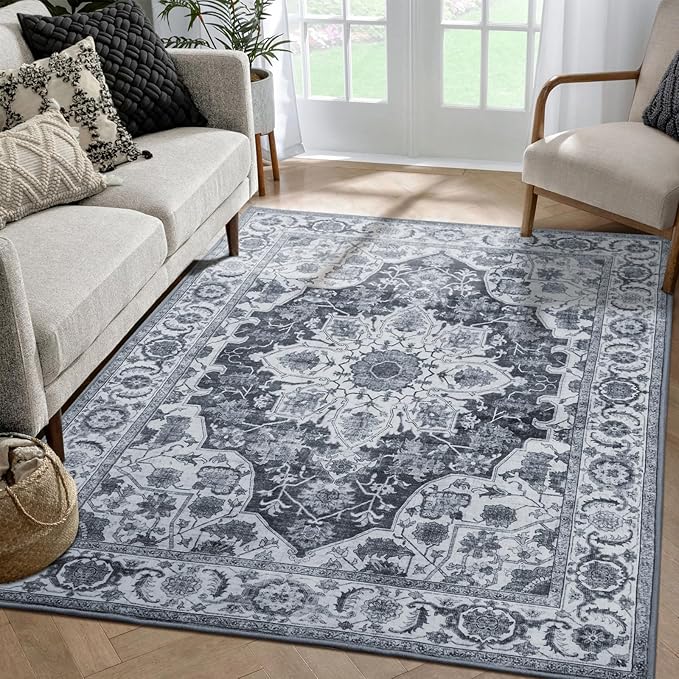 WILLSUN Washable Area Rugs, 4x6 Non-Slip Boho Large Area Rugs for Living Room, Bedroom, Machine Washable Vintage Rug, Indoor Floral Print Carpet for Home Decor, Kid & Pet Friendly Mat