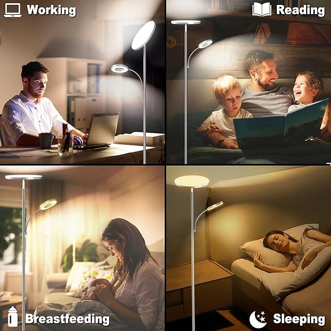Silver Gray Floor Lamps for Living Room Bedroom, 42W/4300LM Bright LED Floor Lamp with Remote and Touch Control, Stepless Dimmable, 69" Tall Standing Lamp with Gooseneck Reading Light for Office