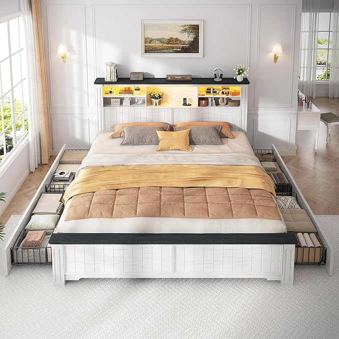 EnHomee King Bed Frame and Headboard, King Size Bed Frame with 4 Storage Drawers, King Bed with LED Lights & Charging Ports,No Box Spring Needed,NO Noise,Wooden, White