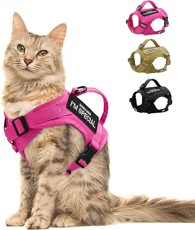 Forestpaw Cat Harness Escape Proof for Walking,Adjustable Cat Vest Harness with Soft Mesh Padded,Tactical Cat Harness with Control Handle,Molle Patches,Hot Pink