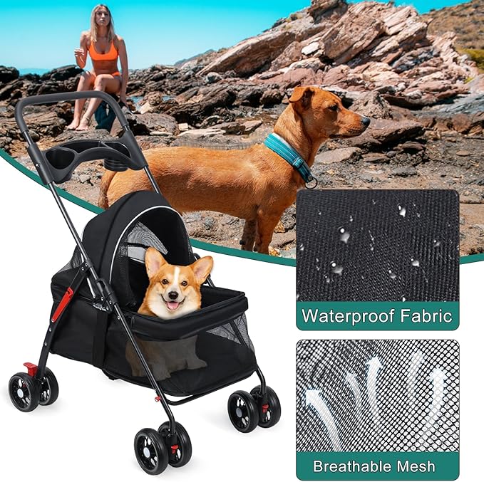 Pet Stroller,4 Wheels Outdoor Travel Pet Folding Stroller,Cat Strollers w/Removable Carrier,Dog Cat Cage Strollers with Cup Holder,Breathable and Visible Mesh for Medium Small Dog 1 Set