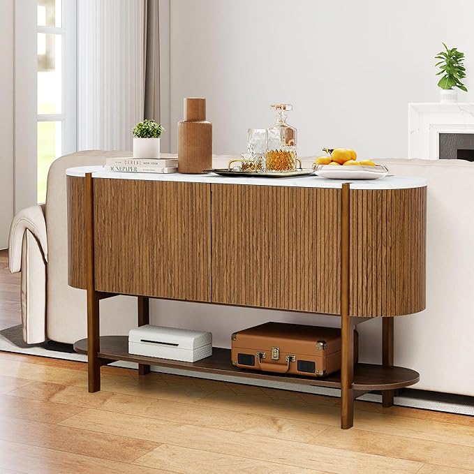 Console Table with Storage, Fluted Entryway Table with 2 Doors and Open Shelf, Long Sofa Table Behind Couch for Living Room, Hallway (Walnut)