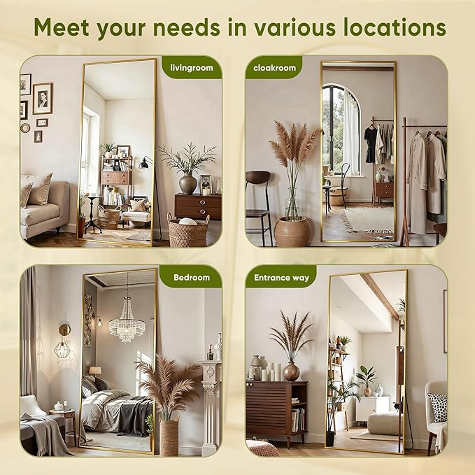 Full Length Mirror, 76"x34" Full Body Mirror, Floor Mirrors with Stand, Body Mirrors Standing Hanging Leaning Against Wall,Aluminum Frame Mirrors for Bedroom Cloakroom,Living Room,Gold