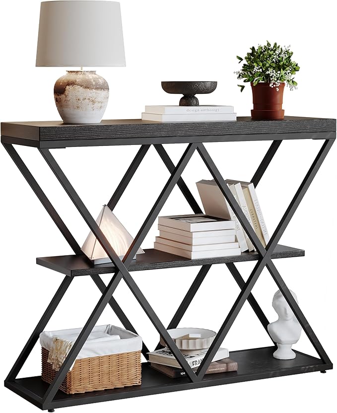 Garvee 3-Tier Entryway Table, Industrial Console Sofa Table with Storage, Accent Table with Open Shelves, X-Shaped Metal Frame, Foyer Table for Entryway, Hallway, Black