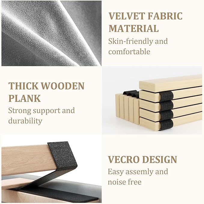 King Bed Frame with Storage Drawers, Upholstered King Size Platform Bed with 47" Tall Headboard and Wingboard, No Box Spring Needed, NO Noise, Easy Assembly, Wooden Support Slats,Light Grey