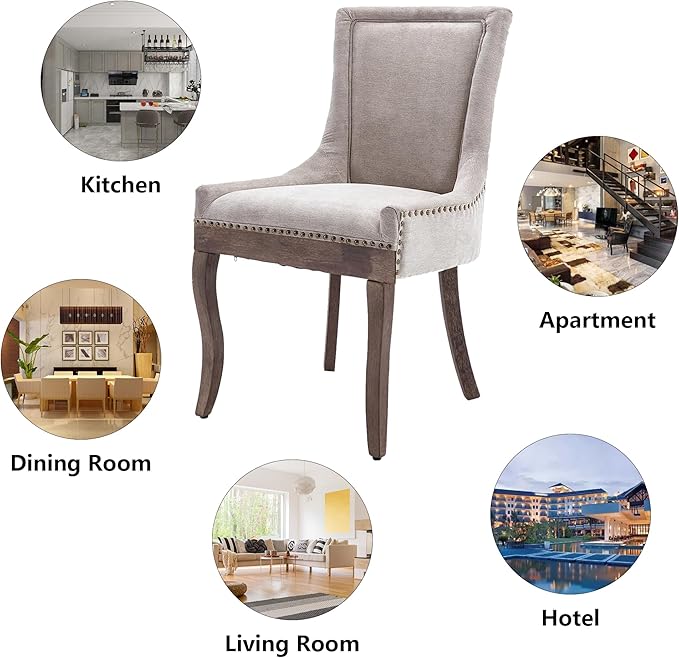 Farmhouse Dining Chairs Set of 2, Upholstered Fabric Dining Room Accent Chairs with Wood Legs & Bronze Nailhead, High Wingback Kitchen Chairs for Living Room Hotel Apartment, Beige