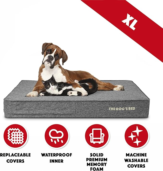 The Dog’s Bed Orthopedic Memory Foam Dog Bed, XL Grey Linen 46x28, Pain Relief for Arthritis, Hip & Elbow Dysplasia, Post Surgery, Lameness, Calming, Waterproof Washable Covers