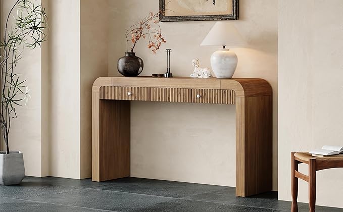 54.3" Curved Console Table with Fluted Drawer, Rustic Entryway Table and Thick Legs, Sturdy Sofa Table for Hallway & Living Room Wood (Natural)