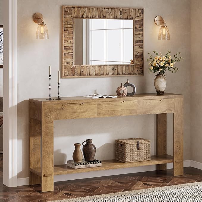 Tribesigns Console Table with 3 Drawers, 67-Inch Long Sofa Table Behind The Couch with Storage Shelf, Narrow Farmhouse Entryway Furniture for Living Room, Hallway, Foyer, Brown
