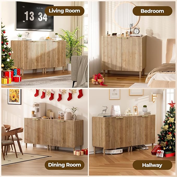 Sideboard Buffet Storage Cabinet - Wood Cabinets with Adjustable Shelves Fluted Doors, Anti-Tip Console Table for Kitchen Dining Living Room or Entryway Hallway, Easy Assembly, Natural
