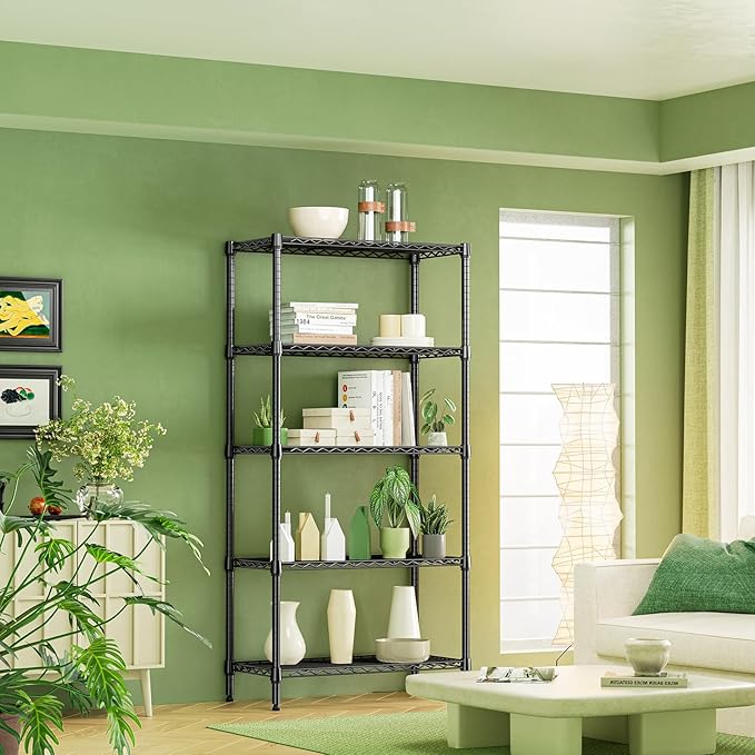 IZEUK 5 Tier Black Metal Storage Shelves, Heavy Duty Adjustable Wire Shelving Rack for Garage, Kitchen, Bathroom, Closet Organizer, 1250 lbs Capacity, 15.7" D x 33.5" W x 68.5" H