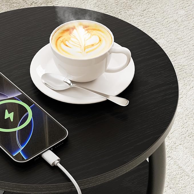 Round Side Table with Power Outlet & USB Ports, 3-Tier End Table with Storage Shelf, Modern Rustic Nightstand, Small Spaces Accent Table for Living Room Bedroom, Easy Assembly, Black