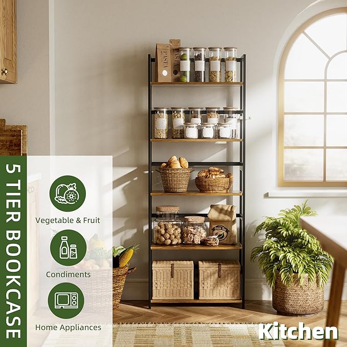 5-Tier Bookshelf, Industrial Bookcase with Bamboo Frame, Modern Display Standing Shelf Unit, Tall Wood Storage Organizer for Living Room, Home Office, Rustic Brown