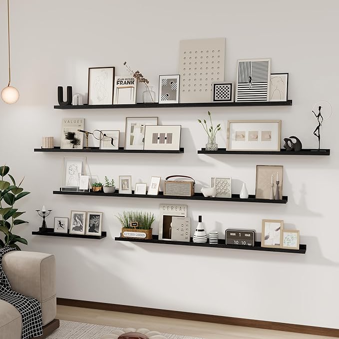 Solid Ash Wood Picture Ledge Shelf, 24 Inch Floating Shelves with Lip Set of 2, Picture Ledge Shelf, Photo Ledge Shelves Nursery Bookshelf Wall Mounted for Living Room Bedroom Decor, Black