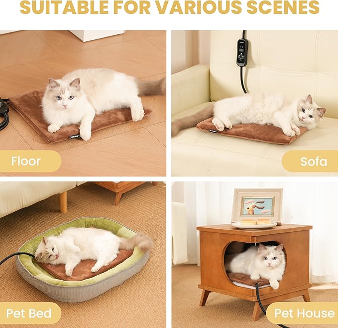 Pet Heating Pad for Cats and Dogs, Comfortable Heated Pet Bed, Waterproof Heated Pet Mat with 5 Adjustable Heat Levels, Timer & Auto Power-Off, Chew Resistant Cord, 16'' x 13''