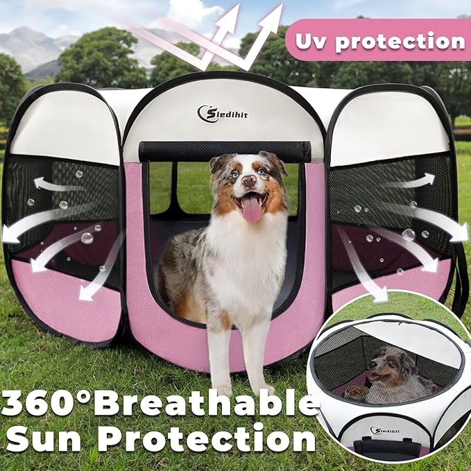 Pink Puppy Playpen for Large Dog Cat, Dog Tent Crates Cage Indoor/Outdoor, Portable Pop Up Dog Kennel with Carrying Bag for Rabbits, Removable Top (Pink, Large (45" x 45" x 23"))