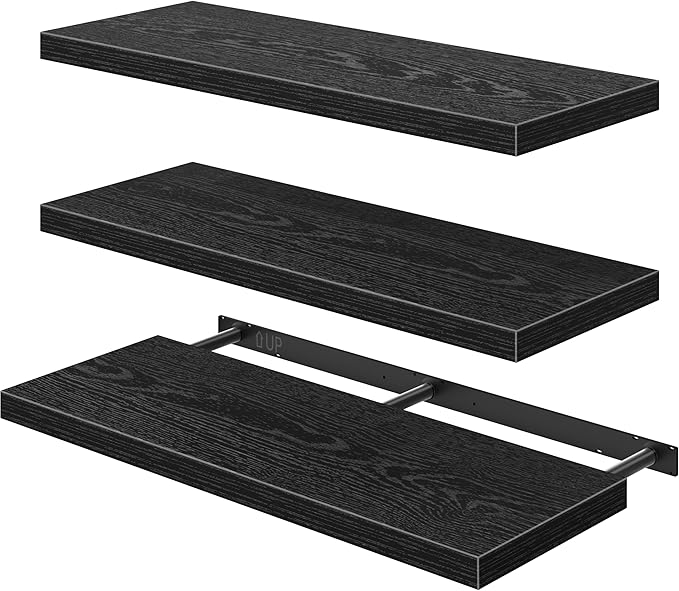QEEIG 12" Deep Floating Shelves for Wall - 12 x 36 inch Book Shelf Bathroom Bedroom Kitchen Living Room Hanging Bookshelf Farmhouse Set of 3, Black (026-90B3)