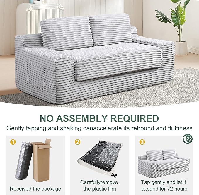 70" Cloud Loveseat Sofa Couch in a Box, 2 Seater Boneless Couch, Convertible Pull Out Sofa Bed with Pillows, No Assembly, Memory Foam, Modern Small Couches for Small Spaces (Gray-Folding)
