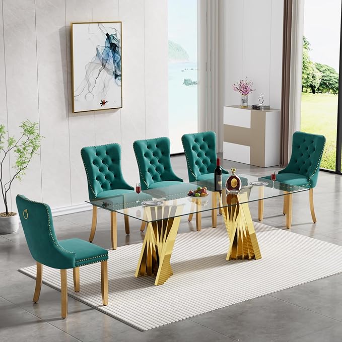 Goujxcy Modern 7 Piece Glass Dining Table Set Luxury Glass Kitchen Table and Chair Set for 6, 70" Large Rectangular Dining Room Table with 6 Tufted Chairs and Stainless Steel Legs (Gold & Green)