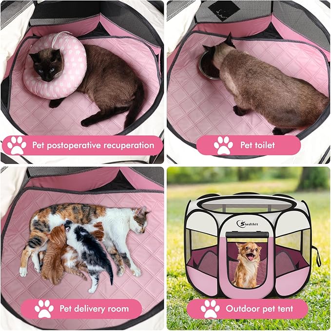Pink Puppy Playpen for Middle Dog Cat, DogsTent Crates Cage Indoor/Outdoor, Portable Pop Up Dog Kennel with Carrying Bag for Rabbits, Removable Top (Pink, Small (29" x 29" x 17") with pad)