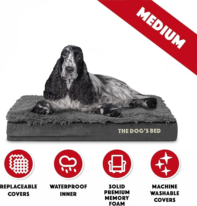The Dog’s Bed Orthopedic Memory Foam Dog Bed, Medium Grey Fur, Pain Relief for Arthritis, Hip & Elbow Dysplasia, Post Surgery, Lameness, Supportive, Calming, Waterproof Washable Cover