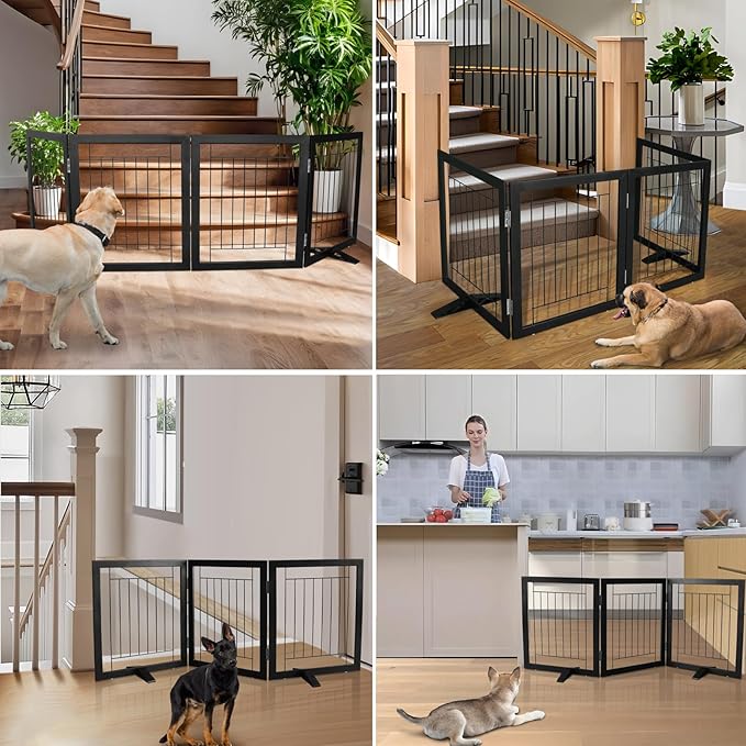 ZJSF Freestanding Dog Gate Indoor, Foldable Dog Fence for Doorways,Hallways or Stairs, Sturdy Wood Extra Wide Pet Gate with Support Feet,Black,24 "Height-3 Panels