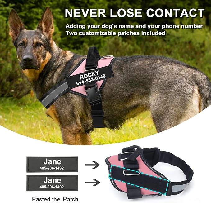 Custom No Pull Dog Harness with Name and Phone Number, Reflective Heavy Duty Personalized Pet Vest, Breathable Adjustable Harness to Prevent Tugging, Pulling or Choking