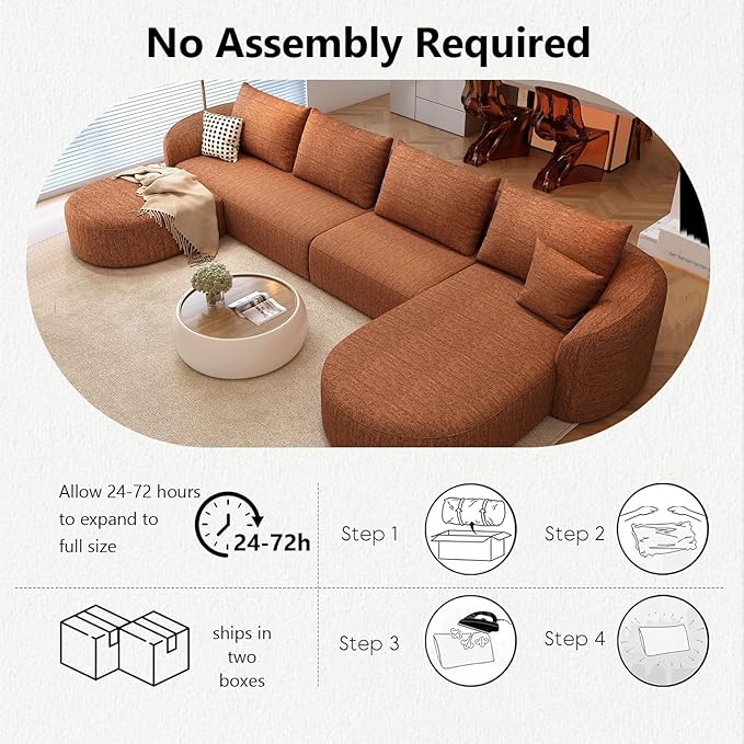 138.6" Modular Sectional Couches Luxury Modern Curved Back U-Shape Sofa Set with Ottoman,Minimalist Comfy Boneless Cloud Couch for Living Room Apartment,(Right Facing Chaise,Orange)