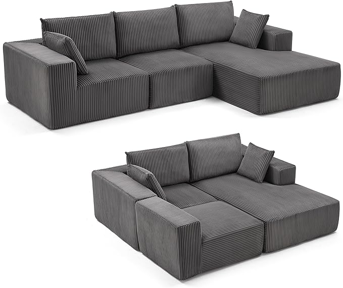 108” Modular Sectional Sofa, Cloud Sectional Couch with Deep Seat, Modern Modular L-Shape Sofa with Chaise,Upholstered Boneless Couches for Living Room Bedroom (Corduroy, Darkgrey)
