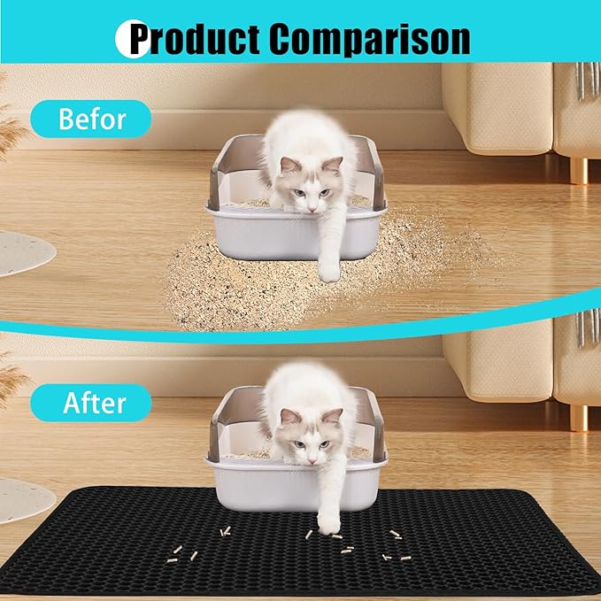 Cat Litter Mat, Kitty Litter Collector, Double Layered Honeycomb Design Waterproof, Anti Urine, Anti Slip, Easy to Clean, Limit Garbage (35"x24", Black)