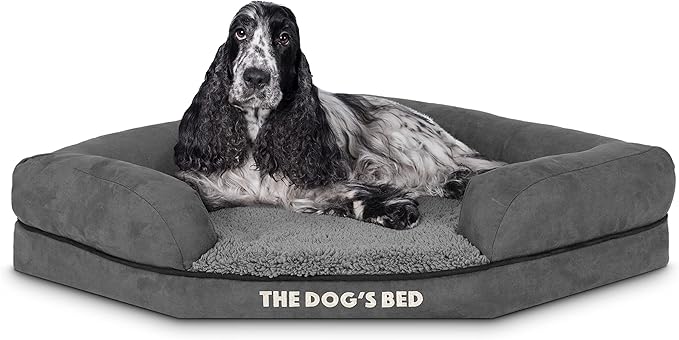 The Dog’s Bed Memory Foam Waterproof Corner Dog Bed, Medium, Grey Plush, Eases Arthritis & Hip Dysplasia Pain, Therapeutic & Supportive, Washable Plush Fabric Cover