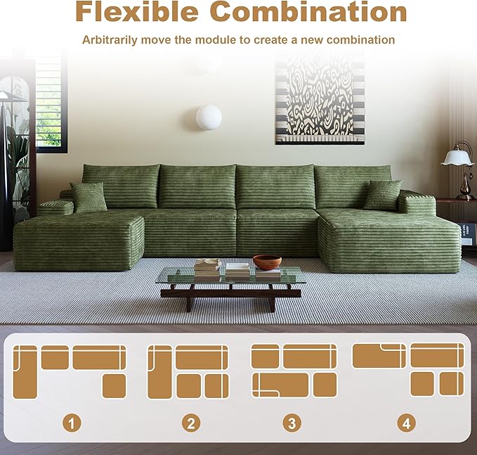 136" Sectional Couches for Living Room Modern Modular Sofa with L-Shape Couchs Upholstered Boneless Couch Deep Seat Sectional Couch with Chaise (Green, Right Facing Chaise+3Seaters+Ottoman)