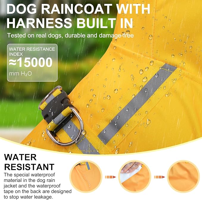BEAUTYZOO Dog Raincoat Hooded Slicker Poncho, Waterproof Windproof Rain Jacket Hood with Harness Built in, Adjustable Reflective Duck Design Rain Coats for Small Medium Dogs Puppies, Yellow Size S
