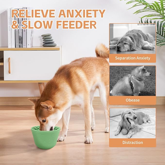 Dog Lick Bowl with Brush and Scraper, Anxiety Relief Silicone Slow Feeder Treat Dispenser, Anti-chocking Pet Dish, Non-Slip Interactive Entertainment Dog Puzzle Toy for Medium & Large-Green