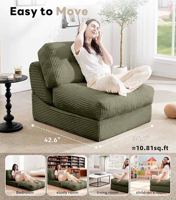 Tbfit Folding Sofa Bed, Convertible Sleeper Chair with Large Pillow, Corduroy Folding Couch Bed, Portable & Foldable Mattress Boneless Floor Sofa for Living Room, Bedroom, Office, Green, Single