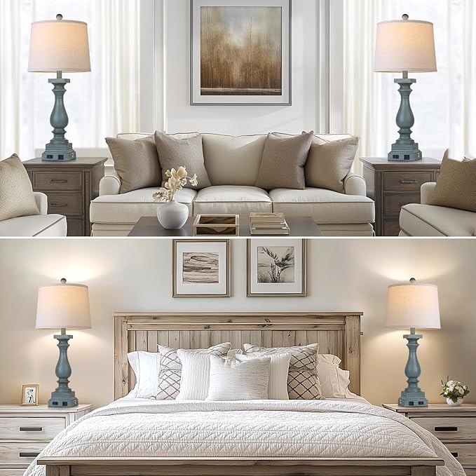 28" Tall Farmhouse Table Lamps Set of 2 with USB C+A Ports and AC Outlet, 3 Way Touch Control Rustic Bedside Lamp for Bedroom, Blue Vintage Nightstand Lamp for Living Room Office