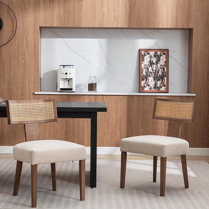 Rattan Dining Chairs Set of 6, Modern Dining Chair Kitchen Dining Room Chairs, Curved Cane Back Upholstered Linen Fabric Dining Chair with Wood Frame, Beige