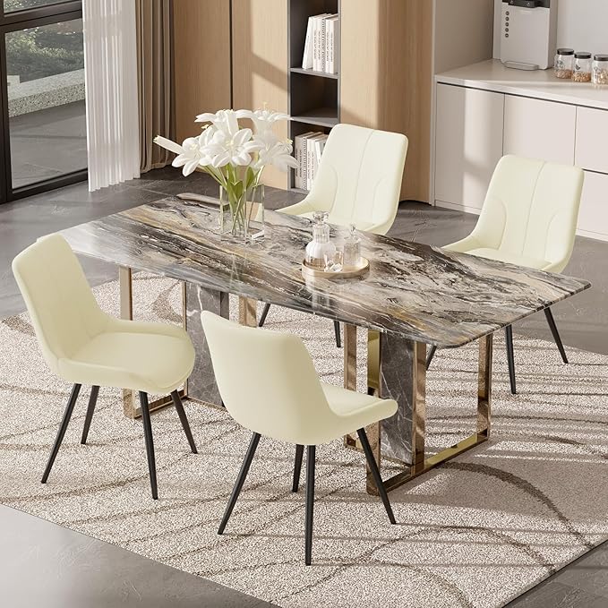 Upholstered Dining Chairs Set of 6, Modern Faux Leather Dining Room Chairs with Thick Cushion and Metal Legs, Kitchen Chairs with Back for Dining Room, Cream