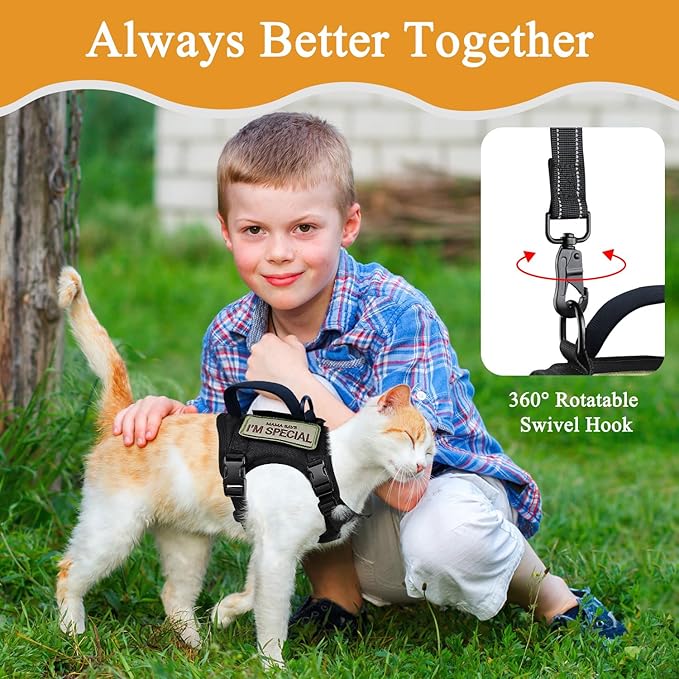 Tactical Cat Harness for Walking Escape Proof, Soft Mesh Adjustable Pet Vest Harness for Large Cat, Small Dog and Khaki (Black, Medium)