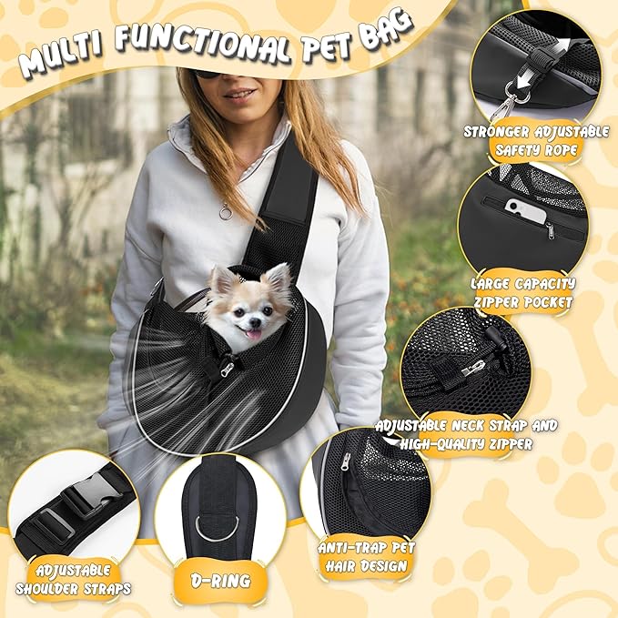 Detachable Hard Bottom Dog Sling for Small Dogs & Cats Up to 10 lbs- Upgraded Breathable Mesh, Adjustable Strap & Large Pocket - Hands-Free Pet Carrier for Travel Walking Hiking (Black Size S)
